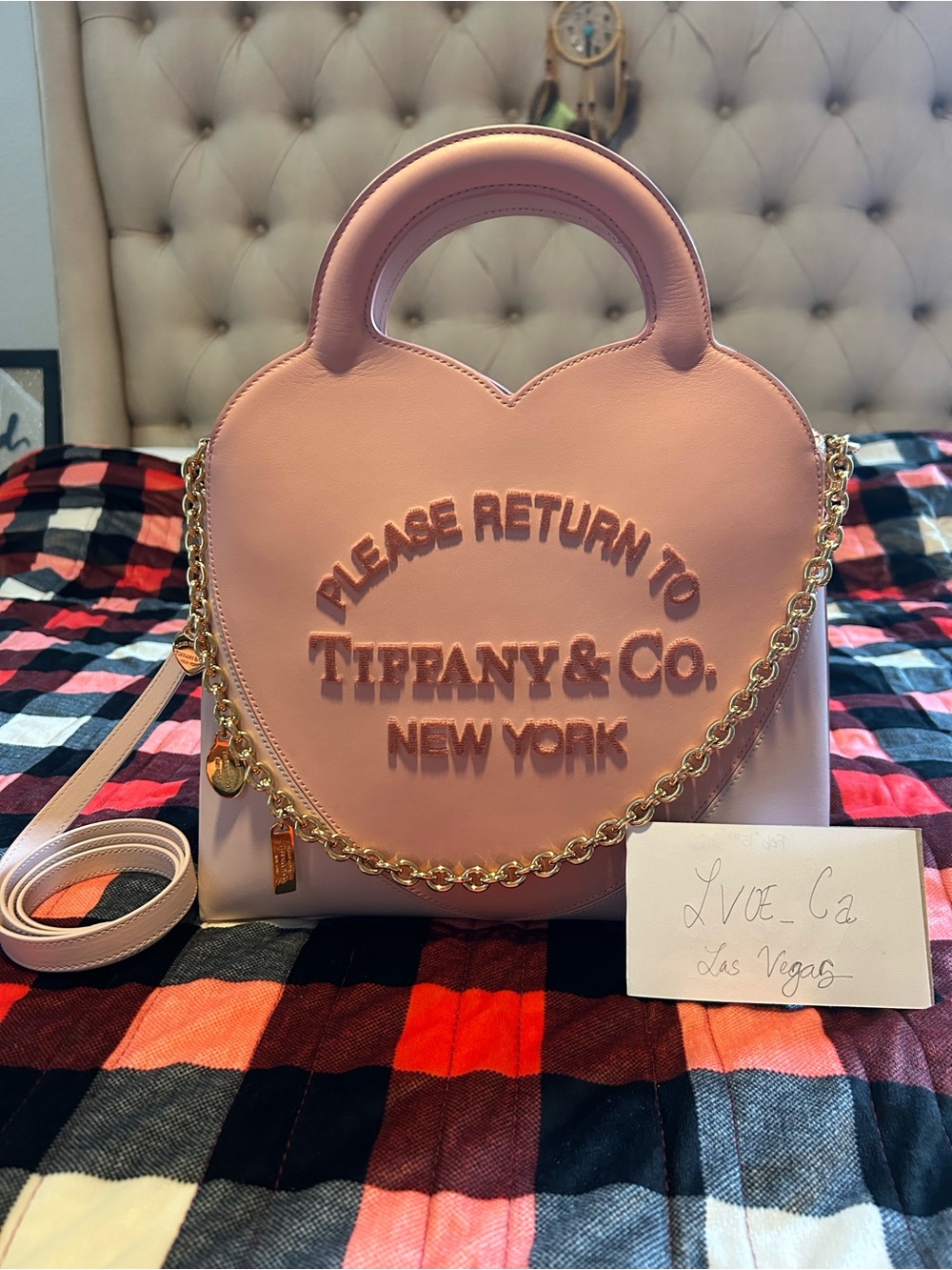 Return to Tiffany & Co. Blush Pink Heart-Shaped Medium Bag with Gold Chain New
